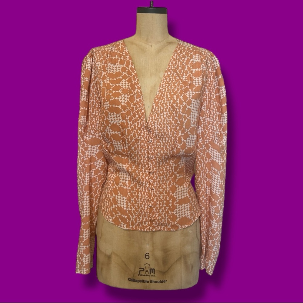 Retro 70s Gypsy Inspired Free People Puff Sleeve Blouse Houndstooth Abstract